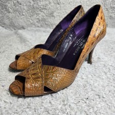 Donald J Pliner Couture Zara Pumps Peep Toe Heels Browns Croc Embossed Women 8