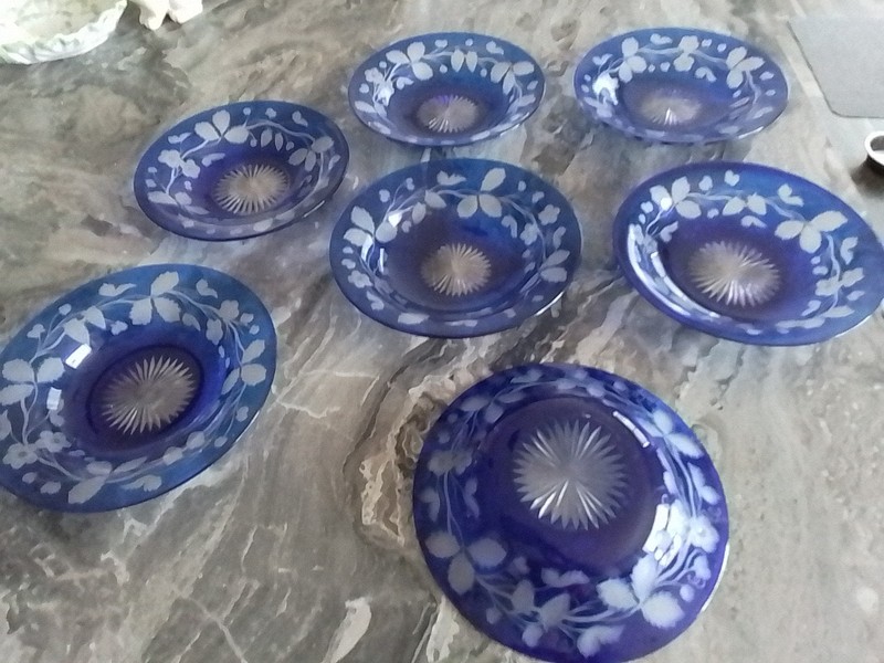 7 Pairpoint Glass ? Cobalt Blue Cut To Clear Strawberries Leaves & Vines