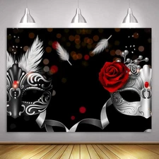 10x7 ft Masquerade Backdrop Silver Rose Birthday Party Feather Photo Background