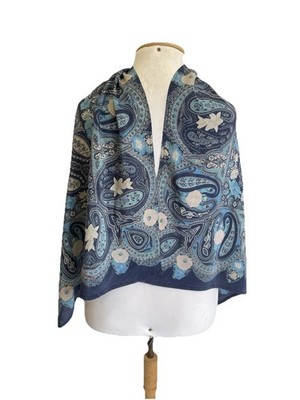 H74# Vintage Blue Paisley Silk Scarf Large Floral Bohemian Shawl Wrap Unisex