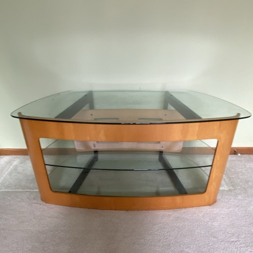 Modern Glass Wood Metal TV Stand Light Brown Black Rectangular 2 Shelves