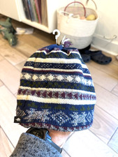 Turtle Fur Navy Gray Fair Isle 100% Wool Fleece Lined Hat Tassel Ski USA Made