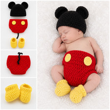 Newborn Baby Crochet Mickey Mouse Outfit Photo Prop Set Hat Shorts Shoes