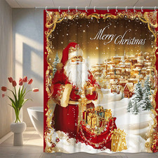 Santa Town Scene Christmas Shower Curtain Elegant Holiday Bathroom