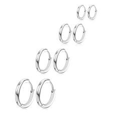 4 Pairs Hoop Earrings for Men 316L Surgical 8mm, 10mm, 12mm, 14mm, Silver