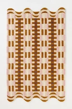 Hand Tufted Wool Scalloped Edge Geometric Checkered Area Rug Pink Brown
