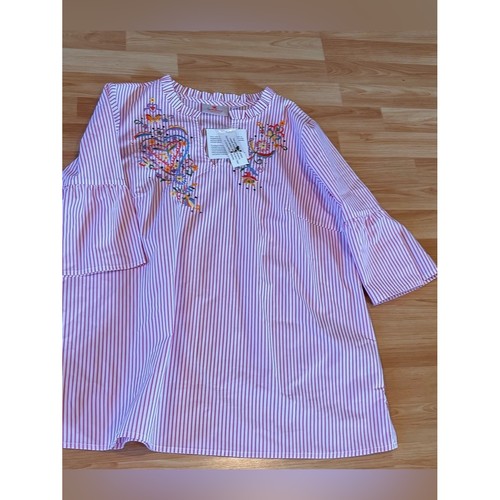 Quacker Factory Vintage Pink Stripe Embroidered Bell-Sleeve Top
