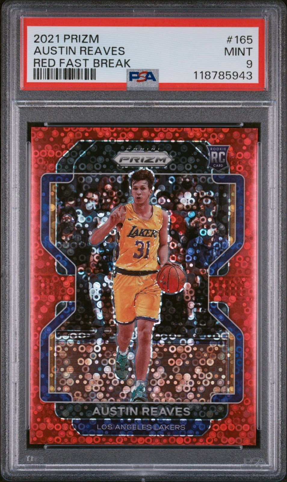 2021-22 Panini Prizm Austin Reaves #165 (RC) Fast Break Red Disco /100 PSA 9