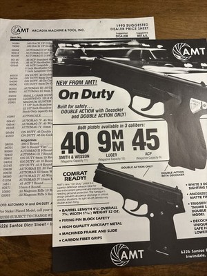 Original AMT On Duty .40, 9mm, .45 Double Action Combat Pistol - PERFECT Flyer