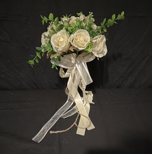 Artificial White Rose Wedding Flower Bouquet Arrangement with Greenery, 10 in