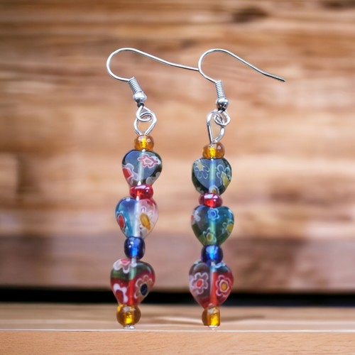 Small Millefiori Heart Rainbow Earrings 8mm - Picture 2 of 3
