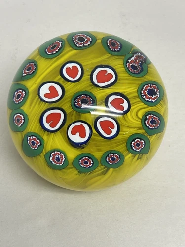 Gentile Glass Star City WV Paperweight Millefiori Yellow Swirl Hearts