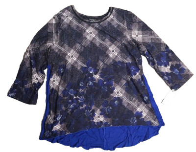 Hannah Women's Size Medium Blue Tonal Floral Plaid Print Hi-Lo Top