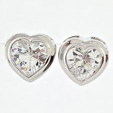 PJM 925 Sterling Silver White Cubic Zirconia Heart Shaped Stud Post Earrings