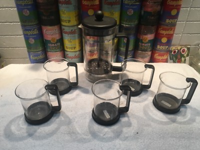 6 HTF Vintage Bodum black vertical handle coffee mugs cups & 4 cup French Press