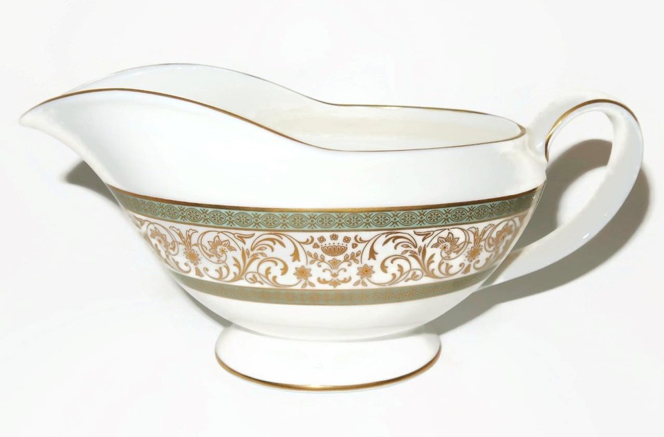 Minton ARAGON Gravy Boat and Underplate 4" Tall Green Band Gold Scrolls