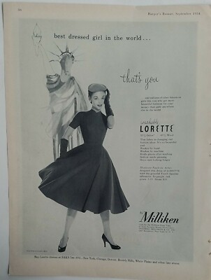 1954 women's Lorette dress Milliken fabric Statue of Liberty photo art ad