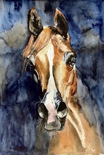 COA Original painting Art watercolor vintage Chestnut Horse Portrait 12”x16”