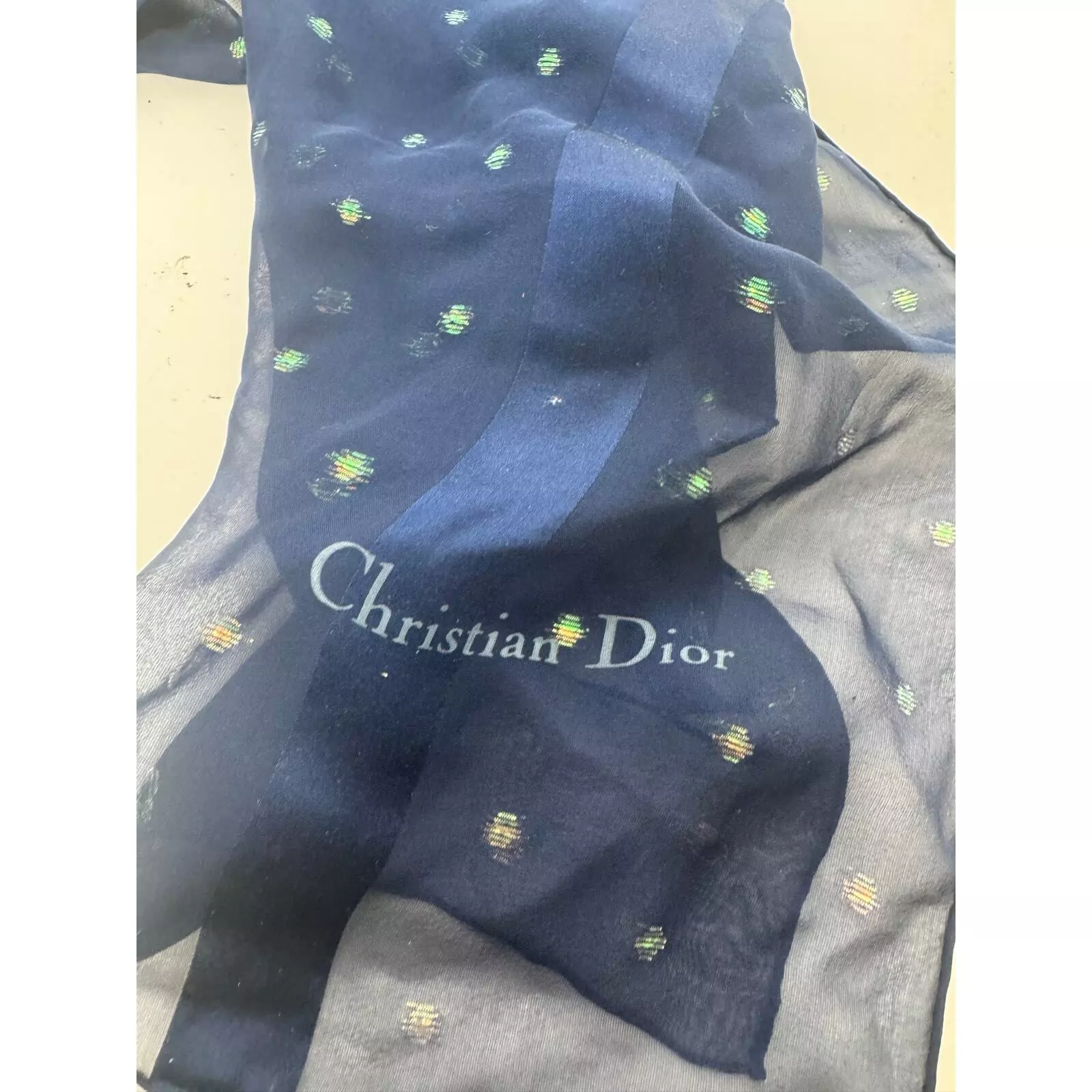 Grande écharpe châle Christian Dior bleu rare flocons métalliques