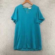 Leyden Mini Dress Womens Large Blue Ruffle Short Sleeve V-Neck Casual Flat Front