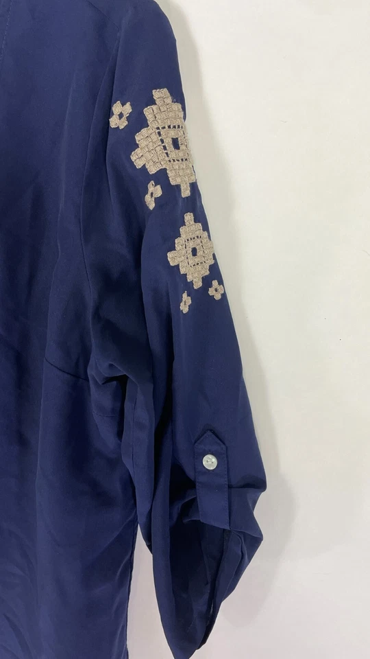 Blusa antigua azul marino para mujer con cuello en V manga corta 3/4 lengüeta enrollable azul talla M. Foto 4 de 4