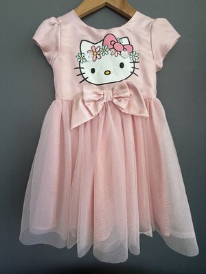 Hello Kitty Girls 5T Dress Pink Gem Lace Dress  Bow Button Puffy Cute Sanrio