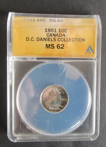 1951 SILVER 10 CENTS ANACS GRADED MS62 CANADIAN DIME
