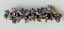 VTG Butterfly Flower Rhinestone Claw Clip Hair Barrette 3" Purple  Green Tones