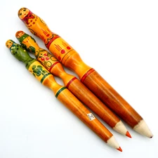 Matryoshka Russian Nesting Doll Large Wood Colored Pencil 14in Lot of 3 Handmade