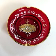 Venetian Glass Ashtray Handmade Red Gold White Decorative Collectible 110mm