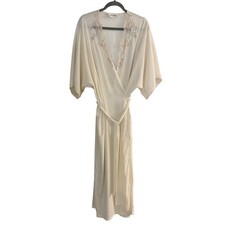 Natori Ivory Lace Trim Wrap Robe Women Large Crinkle Textured Tie Waist Midi