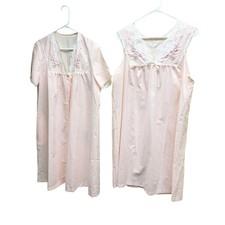 Vintage 60s Sears Embroidered Cotton Blend Nightgown Bathrobe Set Pale Pink Sz M