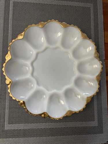 Vintage Anchor Hocking White Milk Glass Egg Dish/Tray w/ Gold Trim