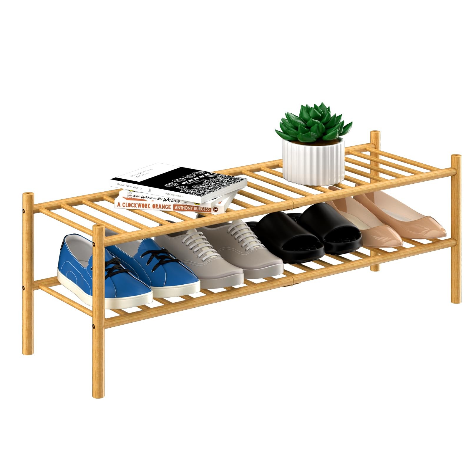 2-Tier Bamboo Shoe Rack - Free Standing Wooden Shelf Organizer for Storage