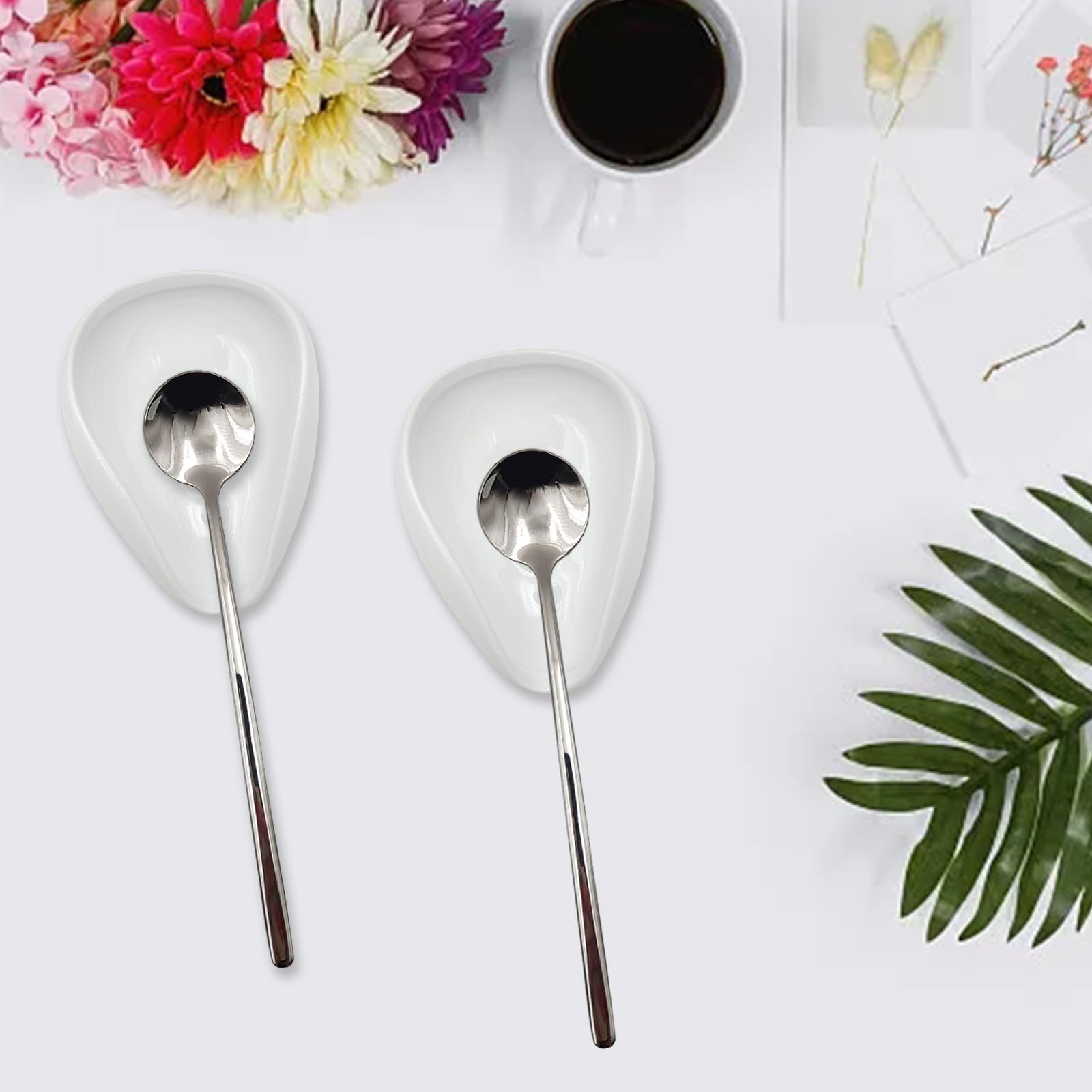 KWAGOCAR 4 Pcs Coffee Spoon Rest and Spoon Ceramic Coffee Spoon Rest Mini Cof...