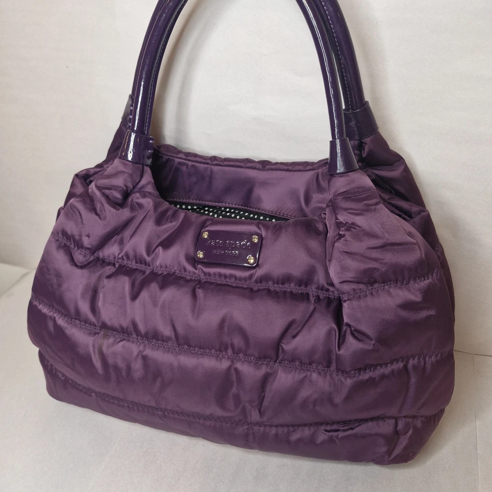 Kate Spade Quilted Nylon Purple Bag Enamel and Leather Handle Good Condition - Image 3 of 4