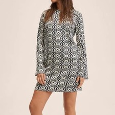 Mango Black Floral Printed Long Sleeve Funky Psychedelic Print Mini Dress Size 4