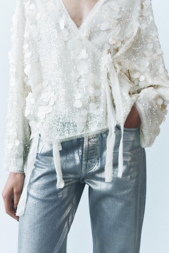 ZARA ZW COLLECTION SEQUINNED KIMONO CREAM SPARKLE TOP CARDIGAN XS/S - Picture 8 of 20