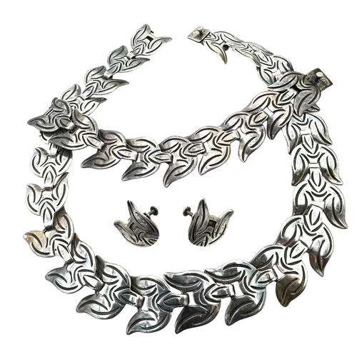 Antique Taxco Mexico LS Sterling Silver Necklace Bracelet Earrings 135 Grams - Picture 2 of 5