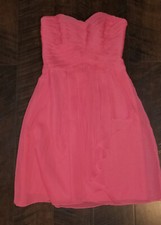 David’s Bridal Sz 4 Coral Chiffon Dress Cross Over Pleat Bodice Strapless Ruffle