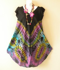 BD37 Black Tie Dye Summer Ruffle Sleeves Cotton Umbrella Beachwear Sun Dress