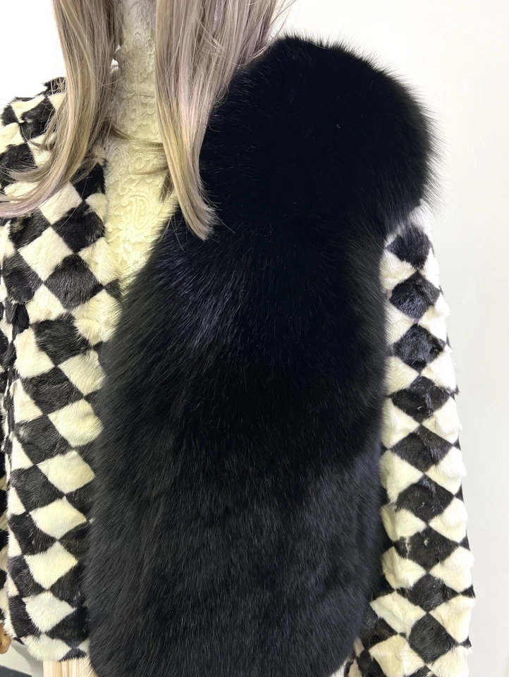 Nueva Chaqueta Corta Mujer Piel de Visón Genuina Piel de Zorro Real Cuadros Frontales EE. UU. S/M Foto 2 de 4