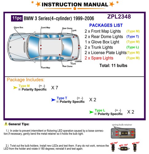 LED Light Bulbs Interior Light Kit for BMW 3 Series E46 (4-cylinder) Xenon White - Picture 2 of 9