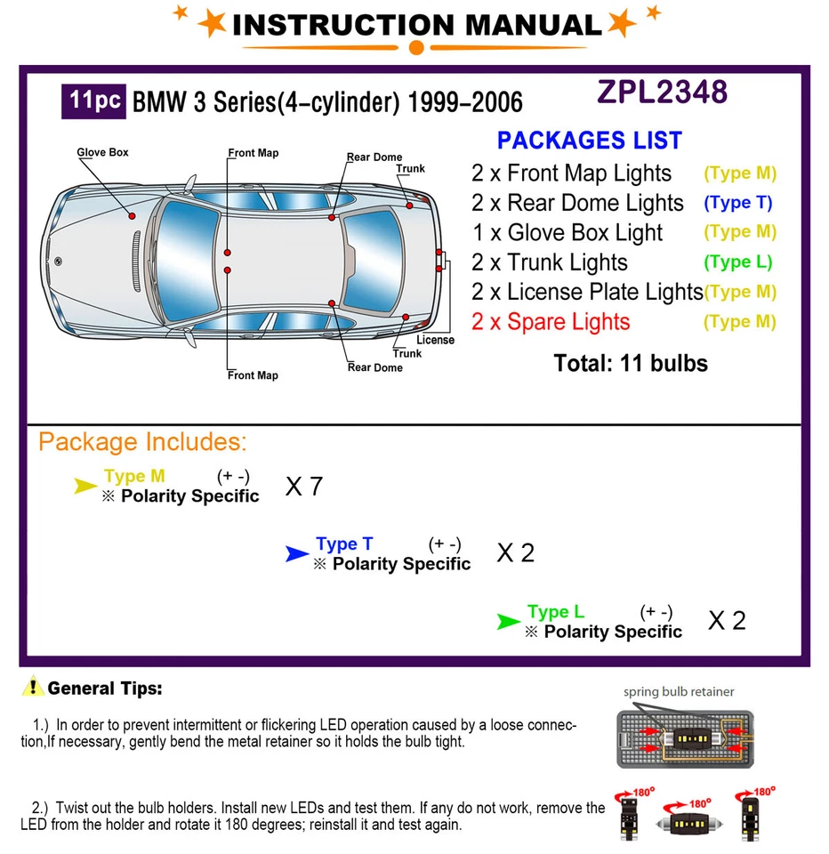 Комплект светодиодных ламп для подсветки салона BMW 3 серии E46 (4-цилиндровый) ксеноновые белые - Изображение 2 из 4