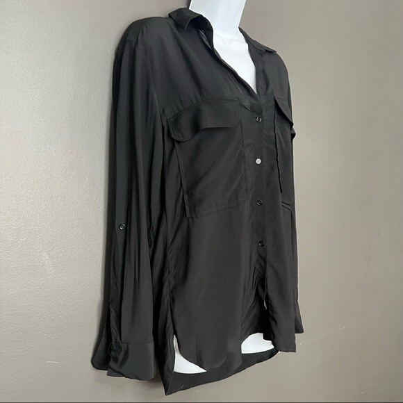 Zara Solid Black Button Down Shirt Front Pockets - image 3