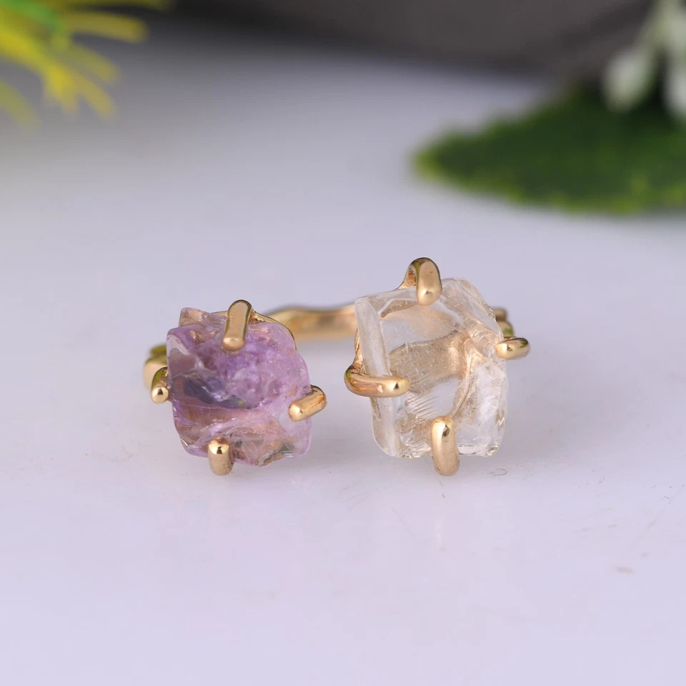 Anillo de compromiso ajustable martillado enchapado en oro de 18k doble piedra anillo de compromiso de plata 925 Foto 4 de 4