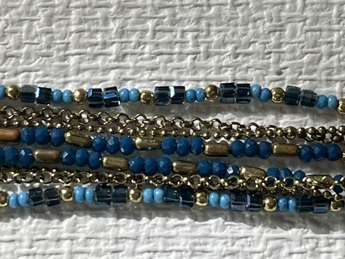 Multistrand Blue & Gold Seed bead Necklace Long, Gold-toned Chains, adjustable