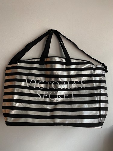 VICTORIA'S SECRET SILVER & BLACK STRIPE TOTE Weekender Travel bag new - Picture 4 of 5