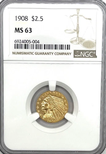 1908 $2.5 Indian Head Gold Coin, NGC MS-63, Better Date, Original Pre-33 Look.