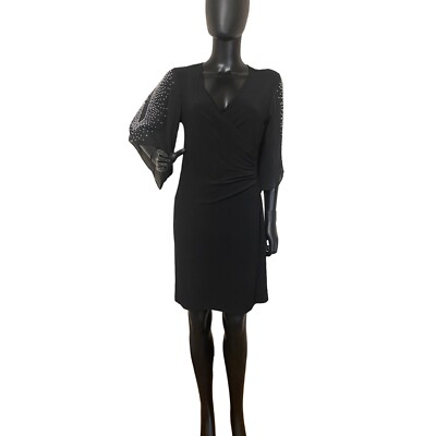 MSK Women's Black V Neck Wrap 3/4 Split Sleeve Knee Length Dress Size S NWT  | eBay